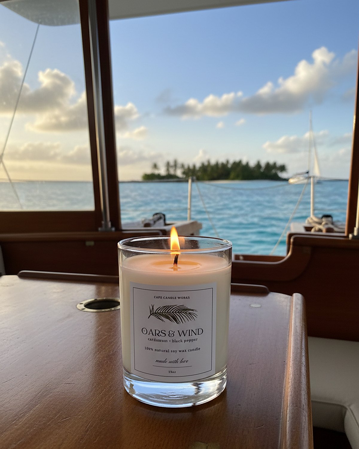 Oars & Wind candle lit on a boat at sunset
